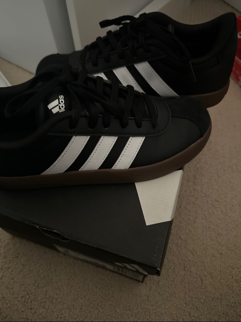 adidas Black Sneakers with White Stripes and Brown Gum Sole